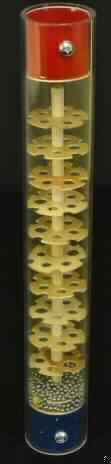 Regenstab, 61947, siehe Anlage.
Es handelt sich um ein Musikinstrument/Schlaginstrument in Form eines sog. Regenmachers bzw. Regenstabes (Effektinstrument). Es ist ca. 31 cm groß und weist einen Durchmesser von ca. 4,5 cm auf. Es besteht aus einem hohlen Plexiglaskörper, der im Innern einen Holzstab mit daran in gleichmäßigen Abständen befestigten, runden Holzplatten mit Löchern und Aussparungen sowie eine Vielzahl kleiner silberfarbener Kügelchen aufweist. An den Enden befinden sich ebenfalls runde blau - bzw. rotlackierte Holzblöcke.
Dreht man den Stab um, so fallen die Kügelchen durch die Öffnungen der Holzplatten und erzeugen so das Geräusch eines sanften Regenprasselns. Er findet aufgrund seiner Größe auch als schnell zu schüttelndendes Rhythmusinstrument Verwendung.
Das Erzeugnis ist in einem bedruckten Pappkarton aufgemacht.
Es ist als "Schlaginstrument" einzureihen.