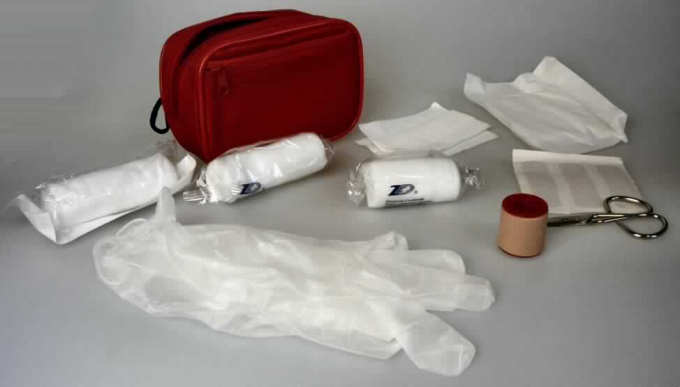 Behältnis mit Apothekenausstattung für erste Hilfe.

Bei der Ware handelt es sich um eine etwa 14,5 cm x 10,5 cm x 6,5 cm große rechteckige rote Kunststofftasche mit Reißverschluss. Desweiteren besitzt die Tasche eine Aufhängekordel, zwei Klettriemen sowie ein Zusatzfach mit Reißverschluss. In der Tasche ist in einer aufklappbaren transparenten Einstecktasche aus Kunststoff folgendes Erste-Hilfe-Material enthalten:
1 Verbandpäckchen DIN 13151 - M 8 cm x 10 cm (steril);
1 Heftpflasterspule offen;
1 Fixierbinde 8 cm x 4 m;
1 Fixierbinde 6 cm x 4 m;
2 Wundschnellverband 10 x 6 cm;
12 Wundschnellverbände 7 cm x 1,8 cm;
1 Päckchen mit zwei Mullkompressen 7 cm x 7 cm;
2 Einmalhandschuhe;
1 Schere;
1 Erste-Hilfe-Anleitung sechssprachig.

Zolltariflich handelt es sich bei der Ware um eine Tasche mit Apothekenausstattung für erste Hilfe der Unterposition 3006 5000 der Kombinierten Nomenklatur.