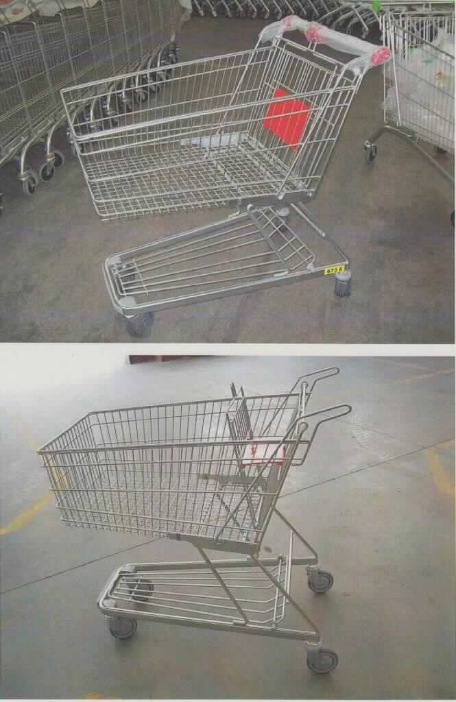 Andere nicht selbst fahrende Fahrzeuge, sog. Einkaufswagen, Art. 1100010122, 1100010150, 1100013605, 1100013615, 1100013623,  1100013654, Foto siehe Anlage,
- bestehend aus Metall (Fahrgestell und Korb) und Kunststoff (Griff, Räder),
- mit einem Fahrgestell mit 4 Rädern,
- mit den Abmessungen 113 x 60,2 x 101 cm (L x B x H),
- mit einem Fassungsvermögen von 215 l,
- wird von Personen mit der Hand geschoben oder gezogen und dient der Güterbeförderung.


"Andere nicht selbst fahrende Fahrzeuge (Einkaufswagen)"