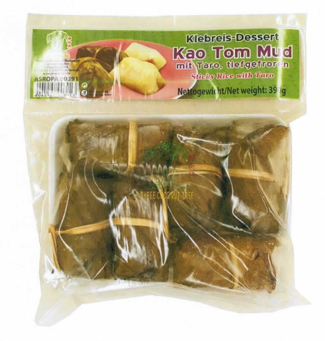 Klebreis-Dessert mit Taro

Beschreibung des vorgelegten Warenmusters:
Ca. 8 cm lange, 3,5 cm breite und 3 cm hohe Dessert-Stücke aus augenscheinlich vorgekochten ganzen, zu 
einer festen Masse gebundenen Reiskörnern und einer rosafarbenen Füllung, päckchenartig eingewickelt in 
Bananenblätter und mit Bast verschnürt; Geschmack (ohne Blätter): nach bissfest gekochtem Reis mit 
Kokosmilch und Taro, süß. Sechs Dessert-Stücke sind eingelegt in ein Kunststoff-Tray und original einge-
schweißt in eine durchsichtige Plastikfolie mit ebenfalls eingeschweißtem Etikett. Der Aufdruck enthält 
Angaben zum Erzeugnis (Klebreis-Dessert Kao Tom Mud mit Taro, tiefgefroren - Sticky Rice with Taro), 
zur Füllmenge (390 g), zu den Zutaten (siehe Feld 8), einen Zubereitungsvorschlag (Packungsinhalt kurz 
mit kochendem Wasser dämpfen oder in der Mikrowelle 1 Minute auf höchster Stufe garen), den Marken-
namen und die GTIN (siehe jeweils Feld 8). 

Erzeugnisse in Sinne von Anm 1 a) zu Kap 19*: nicht enthalten 
Kakao*: nicht enthalten
*: nach Warenbeschaffenheit und Zutatenliste

Getreide in Form von Körnern, durch Kochen und Mischen mit weiteren Zutaten zubereitet, anderweit weder 
genannt noch inbegriffen, auf der Grundlage von Reis