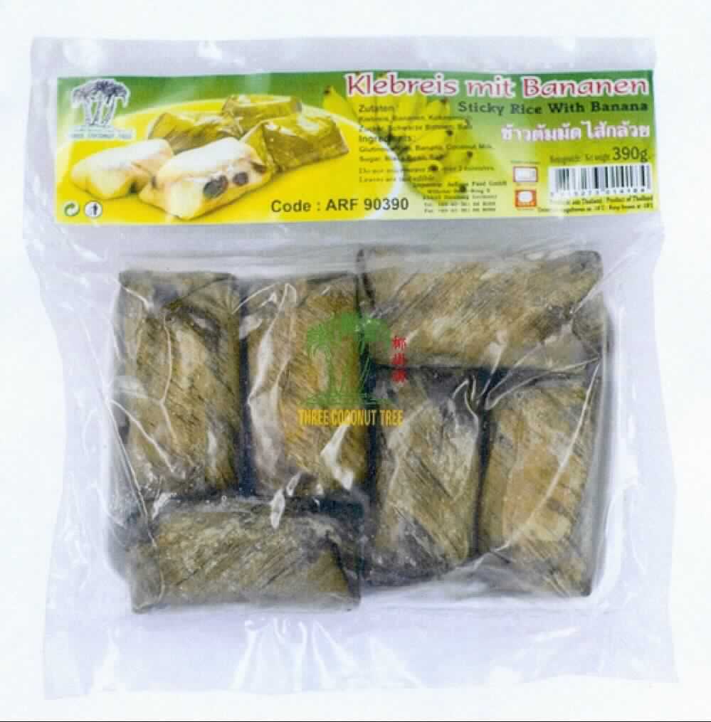 Klebreis-Dessert mit Banane

Beschreibung des vorgelegten Warenmusters:
Ca. 8 cm lange, 3,5 cm breite und 3 cm hohe Dessert-Stücke aus augenscheinlich vorgekochten, ganzen, zu 
einer festen Masse gebundenen Reiskörnern, die mit wenigen ganzen schwarzen Bohnenkernen durchsetzt 
und im Innern durch Ausbluten des Farbstoffes der Bohnen violettrot verfärbt sind, päckchenartig eingewickelt 
in Bananenblätter; Geschmack (ohne Blätter): nach bissfest gekochtem Reis mit Bananen und Kokosmilch 
und nach den Bohnenkernen, süß. Sechs Dessert-Stücke sind eingelegt in ein Kunststoff-Tray und original 
eingeschweißt in eine durchsichtige Plastikfolie mit ebenfalls eingeschweißtem Etikett. Der Aufdruck enthält 
Angaben zum Erzeugnis (Klebreis-Dessert Kao Tom Mud mit Banane, tiefgefroren - Sticky Rice with Banana), 
zur Füllmenge (390 g), zu den Zutaten (siehe Feld 8), einen Zubereitungsvorschlag (Packungsinhalt kurz mit 
kochendem Wasser dämpfen oder in der Mikrowelle 1 Minute auf höchster Stufe garen), den Markennamen 
und die GTIN (siehe jeweils Feld 8). 

Erzeugnisse in Sinne von Anm 1 a) zu Kap 19*: nicht enthalten 
Kakao*: nicht enthalten
*: nach Warenbeschaffenheit und Zutatenliste

Getreide in Form von Körnern, durch Kochen und Mischen mit weiteren Zutaten zubereitet, anderweit weder 
genannt noch inbegriffen, auf der Grundlage von Reis
