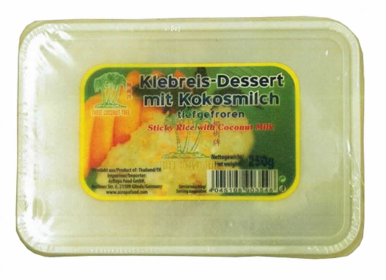 Klebreis-Dessert

Antragsangaben: 
Klebreis-Dessert mit Kokosmilch; Tiefkühlware

Ein Warenmuster lag nicht vor, jedoch Abbildungen der Originalverpackung und der Druckvorlage für das 
Produkt-Etikett mit Abbildung des enthaltenen Reis-Desserts.

Feuchtglänzende, mit einer weißen Flüssigkeit und gelblichen ovalen Körnern bedeckte, augenscheinlich 
vorgekochte  ganze weiße Reiskörner (nach der Menge Charakter bestimmend), original verpackt in einer 
mit abziehbarer Deckelfolie verschweißten Plastikschale; das Frontetikett enthält neben der beschriebenen 
Abbildung den Namen des asiatischen Herstellers (siehe Feld 8), Angaben zum Erzeugnis ("Klebreis-
Dessert mit Kokosmilch tiefgefroren - Sticky Rice with Coconut Milk"), zur Füllmenge (250 g) und die GTIN 
(siehe Feld 8); das Bodenetikett enthält die Artikelnummer, die Zutatenliste (siehe jeweils Feld 8), eine 
Nährwert-Tabelle und die Hinweise zur Lagerung (bei -18 °C) und zur Haltbarkeit. 

Erzeugnisse in Sinne von Anm 1 a) zu Kap 19*: nicht enthalten 
Kakao*: nicht enthalten

*: nach Warenbeschaffenheit und Zutatenliste

Getreide in Form von Körnern, durch Kochen und Mischen mit weiteren Zutaten zubereitet, anderweit weder 
genannt noch inbegriffen, auf der Grundlage von Reis