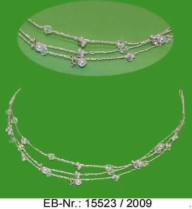 "Brautkopfschmuck"; es handelt sich um Haarschmuck in Form von dreiteiligen Reifen aus dekorativ umeinander gewickelten Drähten aus unedlem Metall, die mit aufgezogenen rhombenförmigen, facettenartig geschliffenen Kunststoffperlen sowie runden Kunststoffperlen mit unterschiedlichem Durchmesser und kleinen Glassteinen versehen sind.

Der Charakter der aus verschiedenen Stoffen zusammengesetzten Waren wird aufgrund des Umfangs und des Wertes (lt. Antragstellerangabe) durch das unedle Metall bestimmt. 
Die Erzeugnisse sind in einem Kunststoffbeutel verpackt.

Abbildung siehe Anlage.

Derartige Erzeugnisse gehören als "Fantasieschmuck aus unedlen Metallen, in Verbindung mit Glas" zur Codenummer 7117 1910 00 des Integrierten Zolltarifs der EG (TARIC).
