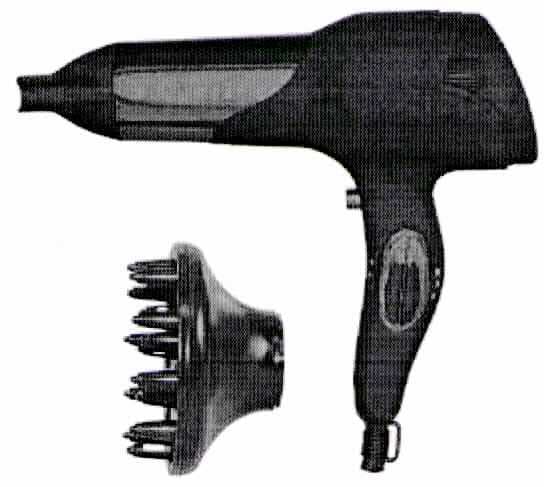 Haartrockner
- aus einem elektrischen Motor in einem Gehäuse mit Aufhängeöse, mit Bedienelementen
  zum Ein-/Ausschalten und Einstellen der drei Heiz-, zwei Gebläse- und einer Kaltstufe, 
  mit aufsteckbarem Diffuser sowie Formdüse, 
- mit einer Leistungsaufnahme von 2000 Watt,
- zum Trocknen der Haare.
(Abbildung siehe Anlage)

"Elektrowärmegerät zur Haarpflege; Haartrockner"