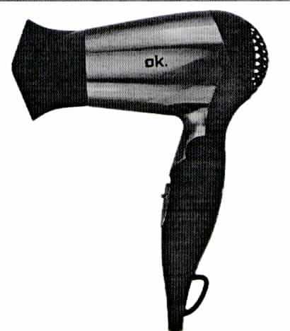 Reisehaartrockner
- in einem Kunststoffgehäuse mit klappbarem Grill und Aufhängevorrichtung, Bedienelement 
  zum Ein-/Ausschalten und Einstellen der 2 Heiz-/Gebläsestufen, Netzkabel mit Stecker
  und drehbarer Formdüse,
- mit einer Leistung von 1200 Watt bei 115-230 Volt,
- zum Trocknen der Haare.

"Elektrowärmegerät zur Haarpflege - Haartrockner"