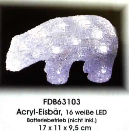 Elektrischer Beleuchtungskörper, anderweit weder genannt noch inbegriffen, aus Kunststoff, von der mit Leuchtdioden verwendeten Art, in Form einer elektrischen Tischleuchte, sog. Acryl-Eisbär, FDB63103.
Es handelt sich im Wesentlichen um eine ca. 13 x 13 x 28 cm (LxBxH) große Tischleuchte aus transparentem Kunststoff in Form eines stehenden Eisbären. Der Kunststoff ist so geriffelt, dass eine vielseitige Lichtbrechung stattfindet. Die Leuchte ist im Innern mit 16 weißen LED- Lampen ausgestattet, die über den ganzen Körper verteilt sind. Das Erzeugnis ist batteriebetrieben.
Ein Bild der Ware befindet sich im Internet unter http://ec.europa.eu/taxation_customs/dds/ebticau_de.htm.