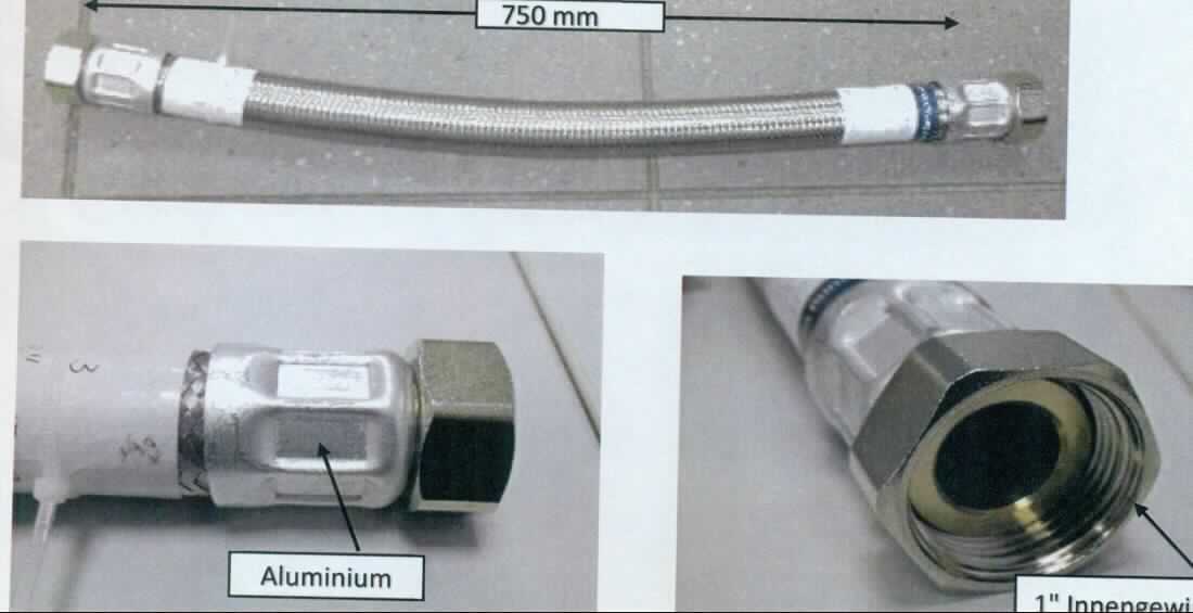 Es handelt sich um etwa 750 mm lange, flexible Schläuche aus einem Drahtgeflecht aus Stahl mit einem Innenschlauch aus Kunststoff oder Kautschuk. Die Erzeugnisse sind an beiden Enden jeweils mit einer Presshülse aus Aluminium und einem Verbindungsstück mit Innengewinde (1") aus einer Kupfer-Zink-Legierung mit gewichtsmäßig vorherrschendem Kupfergehalt (Messing) versehen. Die Schläuche werden für Heizungs- und Dampfanlagen verwendet.
Kupfer herrscht gewichtsmäßig gegenüber jedem anderen unedlen Metall vor. 
- Antragstellerangaben - 

Die unedlen Metalle sind aufgrund des Umfangs gegenüber dem nicht metallischen Stoff charakterbestimmend. 

Abbildung siehe Anlage.

Derartige Erzeugnisse gehören als "Schläuche aus anderen unedlen Metallen als aus Eisen oder Stahl, auch mit Verbindungsstücken, andere als solche der Codenummer 8307 9000 10 0" zur Codenummer 8307 9000 90 0 des Zolltarifs.