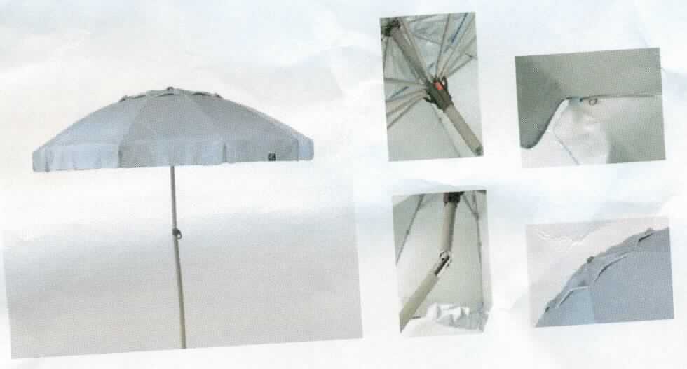 Sonnenschirm, sog. Sonnenschirm ohne Ständer, Art. Kau Kiri, Abbildung siehe Anlage, 
- mit Gestell und Verstrebungen aus unedlem Metall (lt. Antrag Aluminium), 
- mit Bezug aus einem textilen Flächenerzeugnis (lt. Antrag Polyester, in den Farben sand, grün und blau), 
- rund, mit einem Durchmesser von 200 cm, 
- mit Kippfunktion, 
- aufgrund der Beschaffenheit und der Abmessungen in der Art eines Gartenschirmes zum Einstecken in den Boden 
  bestimmt, und mit drei beiliegenden, verstellbaren Kordeln und drei Kunststoffheringen zu sichern, 
- verpackt in einer Tasche mit Reißverschluss und Schultertragegurt aus Spinnstoffen (übliche Verpackung). 

"Sonnenschirm (gartenschirmähnliche Ware)"