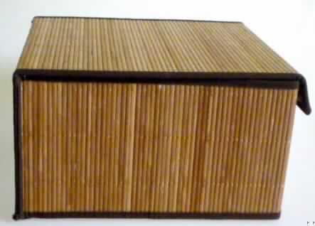 Aufbewahrungsbox aus Flechtstoffen (sog. Bambus Box) 
- zusammenklappbar gestaltet,
- in den Abmessungen (L x B x H) von ca. 30 x 30 x 15 cm,
- an den Außenseiten der Oberseite (Deckel) und der Seitenteile aus pflanzlichen Flechtstoffen 
  hergestellt (aus parallel aneinandergefügten Bambusstreifen (Breite ca. 5 mm), die neben-
  einander gelegt und durch Haltefäden aus Spinnstoffgarnen in Flächenform verbunden sind), 
- an den Rändern der Außenseiten mit einem ca. 1 cm breiten Band aus Spinnstoffgewebe 
  eingefasst, 
- mit einer starren Zwischenlage aus Pappe und einem Innenfutter aus Vliesstoffen 
  (Spinnstoff) versehen,
- mit einer Unterseite aus Spinnstoffgewebe, 
- innen mit einem lose eingelegten Bodenteil aus beidseitig mit Vliesstoffen überzogener
  Pappe verstärkt,
- mit einem aufklappbaren Deckel ausgestattet, der an einer Schmalseite mit zwei 
  Klettverschlüssen geschlossen werden kann,
- ohne Hinweise auf Fertigung in Handarbeit.
Nach Gesamteindruck verleihen die pflanzlichen Flechtstoffe aus Bambus der Ware ihren Charakter.