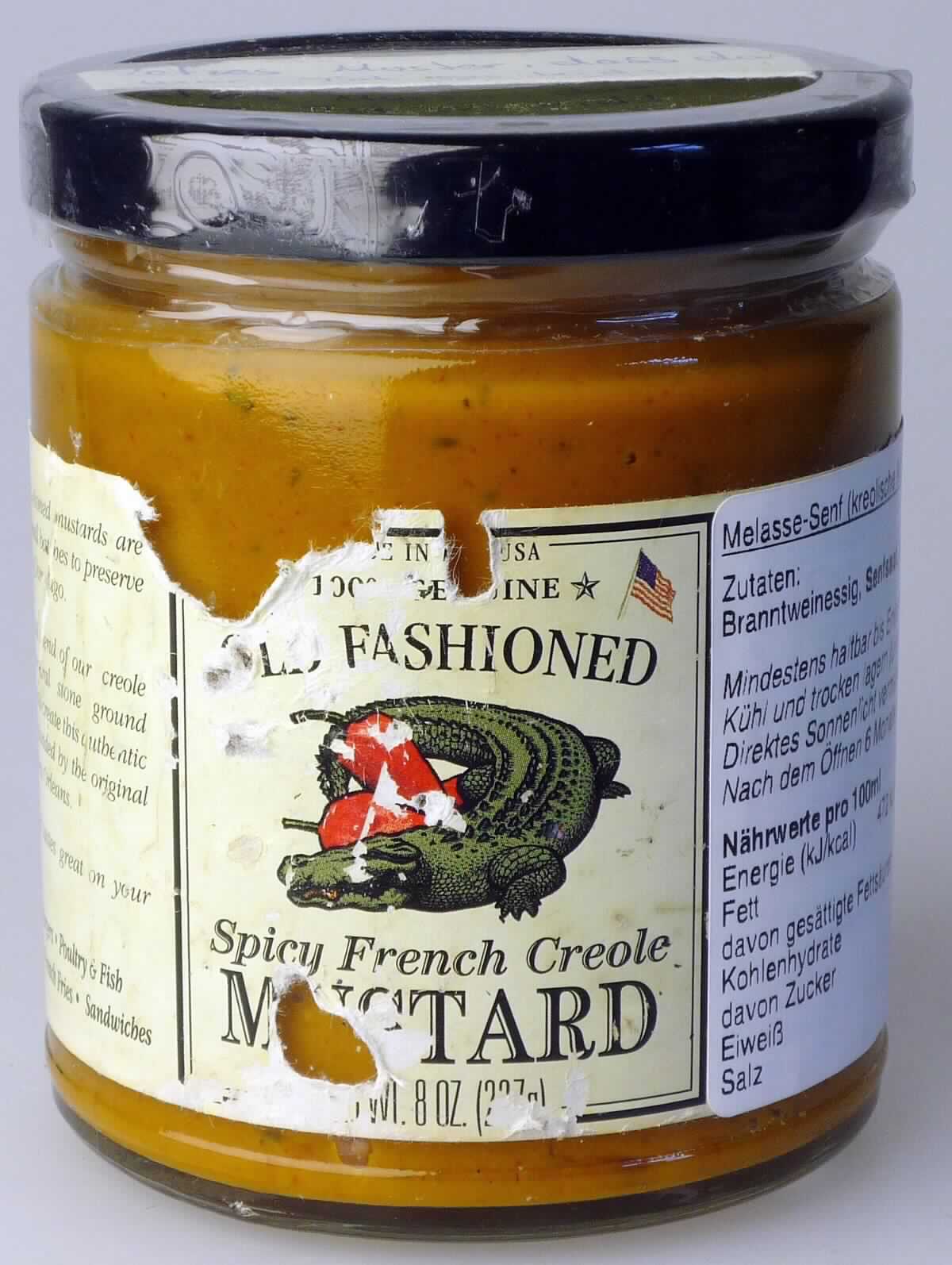 Zubereitetes Würzmittel, Spicy French Creole Mustard

Beschaffenheit der vorgelegten Warenprobe:
Umschließung: Farbloses Orig.-Konservenglas (227 g) mit schwarzem Schraubdeckel, englischsprachig etikettiert, 
mit Warenbezeichnung, Zutatenliste, Angaben zum Hersteller und sonstigen Hinweisen.

Inhalt: Mittelbraune bis rötliche, pastöse Masse, durchsetzt mit fein geschnittenen Kräutern und gemahlenen Gewürzen; Geruch und Geschmack aromatisch nach Senf und Gewürzen, säuerlich, süß, leicht scharf.

Senf, mit einem Gehalt an zugesetztem Zucker von mehr als 5 GHT