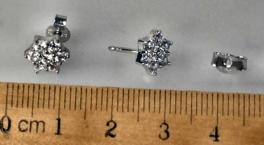 Es handelt sich um aus einer Silberlegierung ( 925er Sterlingsilber) gefertigten Schmuck in Form von Ohrsteckern. Die Erzeugnisse bestehen aus einem Stift mit Schmetterlingsverschluss und einer an einem Ende des Stiftes angebrachten blütenförmigen Fassung, die mit sieben synthetischen Schmucksteinen (Zirkonia) versehen ist.
Die Erzeugnisse sind paarweise in einer Kunststofftüte verpackt.
- Materialangaben lt. Antragsteller - 

Abbildung siehe Anlage.

Derartige Erzeugnisse gehören als "Schmuckwaren aus Edelmetallen (Silber)" zur Codenummer 7113 1100 00 0 des Elektronischen Zolltarifs.