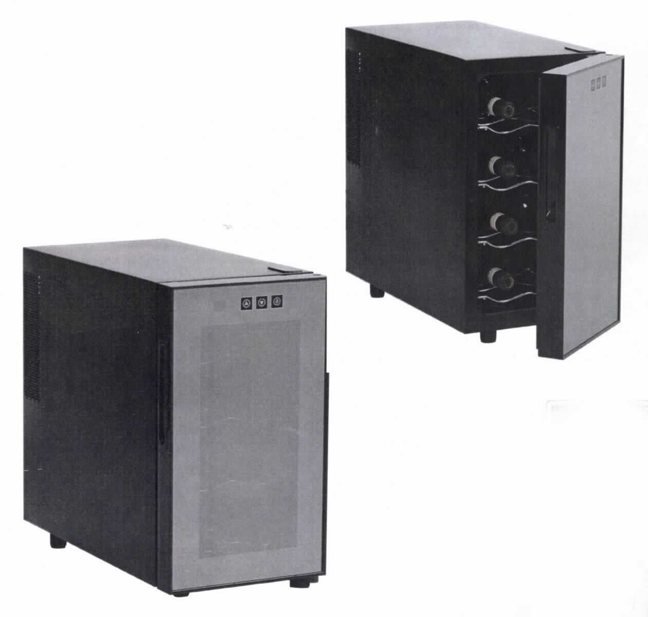 Weinkühlschrank,
- aus einem Gehäuse mit Peltier-Kühlelement, nach vorne zu öffnender, schwarz/grau getönter, 
  durchsichtiger Türe, ausziehbaren Metallschüben, LED-Beleuchtung, digitaler 
  Temperaturanzeige außen an der Tür, Temperatur digital einstellbar (Abbildung siehe Anlage),
- in unterschiedlichen Abmessungen lieferbar,
- zum Kühlen von Wein.

"Kühlschrank, Schaukühlmöbel für andere als tiefgekühlte Waren, nicht mit teilfluorierten Kohlenwasserstoffen (HFKW) vorbefüllt - Weinkühlschrank"