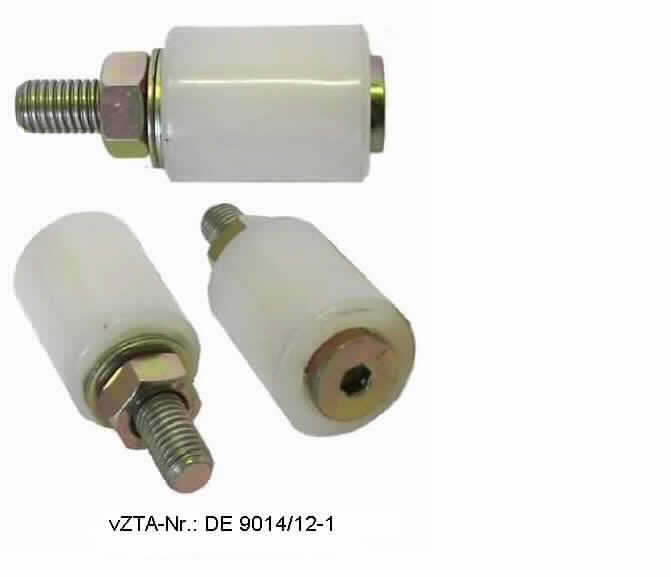 Es handelt sich um Rollen aus Kunststoff oder Kautschuk (Durchmesser: etwa 30 mm), die mit einer Befestigungsvorrichtung aus unedlem Metall in Form einer Schraube mit metrischem Gewinde und Innensechskant, zwei Unterlegscheiben und einer Mutter mit Außensechskant ausgestattet sind.
Die Erzeugnisse werden z.B. an Toren befestigt und dienen als Laufrollen.
Gesamtlänge: etwa 7,2 cm.
- Antragstellerangaben -

Abbildung siehe Anlage.

Derartige Erzeugnisse gehören als "Laufrädchen oder -rollen mit Befestigungsvorrichtung aus unedlen Metallen" zur Codenummer 8302 2000 90 des Integrierten Zolltarifs der EG (TARIC).