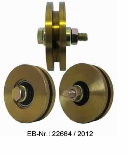 Es handelt sich um Rollen aus Stahl (Durchmesser: etwa 77 mm, Radbreite: etwa 20 mm), die mit einer Befestigungsvorrichtung aus unedlem Metall in Form einer Schraube mit metrischem Gewinde und Außensechskant, zwei Kugellagern und einer Mutter mit Außensechskant ausgestattet sind.
Die Erzeugnisse werden z. B. an Toren befestigt und dienen als Laufrollen.
- Antragstellerangaben -

Abbildung siehe Anlage.

Derartige Erzeugnisse gehören als "Laufrädchen oder -rollen mit Befestigungsvorrichtung aus unedlen Metallen" zum TARIC-Code 8302 2000 90.