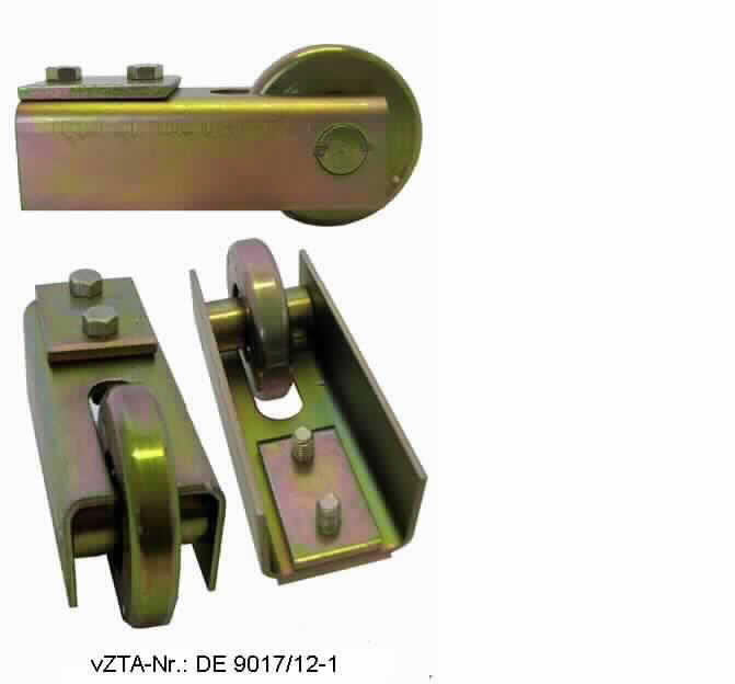 Es handelt sich um Rollen (Durchmesser: etwa 68 mm), die an einer U-förmig gebogenen Befestigungsvorrichtung mit einer zylinderförmigen Verstrebung, zwei rechteckigen Platten und zwei Schrauben angebracht sind.
Die vollständig aus unedlen Metallen bestehenden Erzeugnisse werden mithilfe der Schrauben z.B. an Toren  angebracht und dienen dort als Laufrollen.
- Antragstellerangaben -

Abbildung siehe Anlage.

Derartige Erzeugnisse gehören als "Laufrollen mit Befestigungsvorrichtungen aus unedlen Metallen" zur Codenummer 8302 2000 90 des Integrierten Zolltarifs der EG (TARIC).