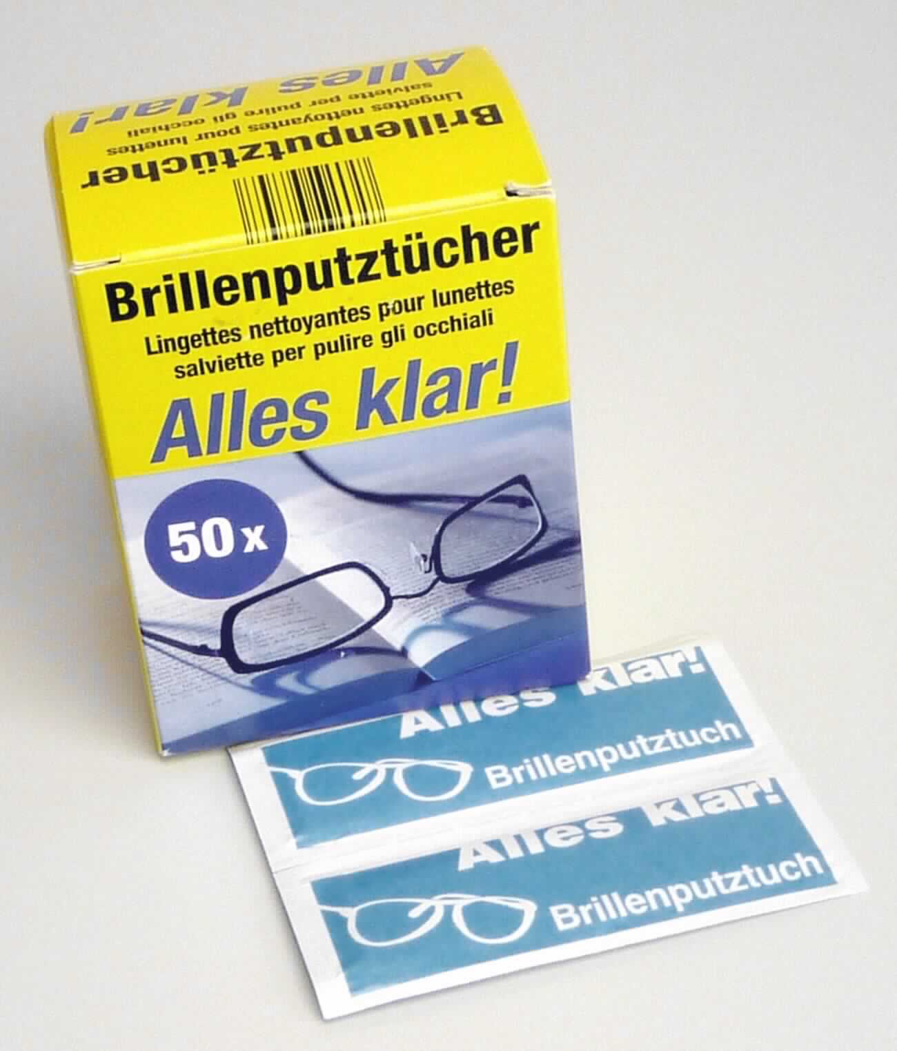 Angaben: 
Feuchte Brillenputztücher, 50 Tücher.

Warenbeschreibung: 
Weiße, nach Duftstoffen riechende Papiertücher (ca. 14 x 14 cm, getränkt mit einer tensidhaltigen Reinigungsflüssigkeit), einzeln verpackt in jeweils einem bedruckten Sachet; Sachets verpackt in einem bedruckten Karton.

Befund: 
Papier mit Reinigungsmitteln getränkt, andere als zur Körperpflege.