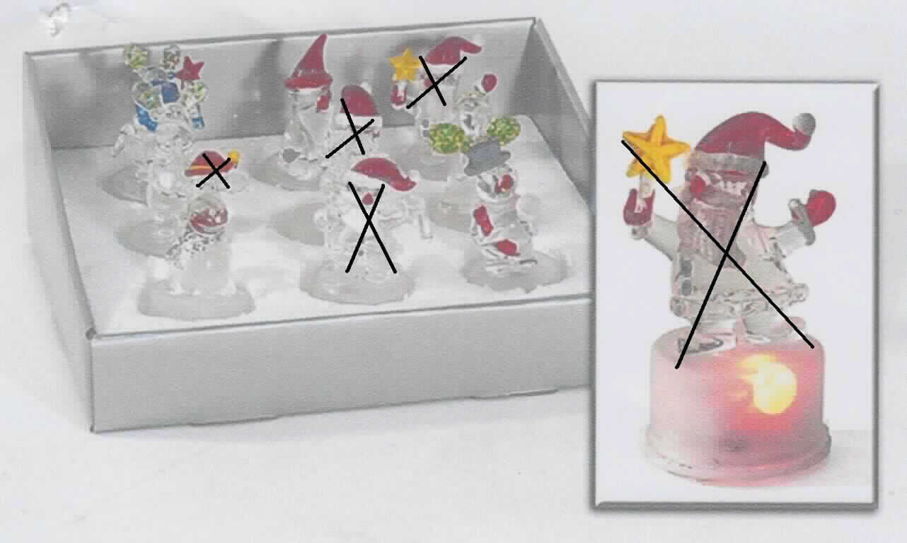 Ziergegenstände aus lampengeblasenem (gesponnenem) Glas, sog. Weihnachtsfiguren mit LED Lämpchen aus Glas, Art. 61621, Foto siehe Anlage,
- von Art. 61621 nur die Varianten betreffend:
- - einen Engel darstellend, der mit einem Heiligenschein versehen ist und ein Herz in den Händen hält,
- - einen Schneemann darstellend, der mit einem schwarzen Hut versehen ist,
- - einen Wichtel darstellend, der mit einem weißen Bart und einer roten Zipfelmütze versehen ist,
- - zwei Elche darstellend, die einen Stern in den Händen halten, 
- in Form von zusammengesetzten Waren, jeweils bestehend aus:
- - einer Figur aus lt. Antrag lampengeblasenem, klarsichtigem Glas, 
- - - mit einer Höhe von ca. 5,5 cm,
- - einem Sockel aus Kunststoff (auf dem die Figur befestigt ist), in dem ein elektrischer Beleuchtungskörper
    mit einer  LED-Lampe (mit einem in den Sockel eingesetzten Batteriefach) eingesetzt ist,
- insbesondere im Hinblick auf die Verwendung als Ziergegenstände verleihen die Figuren aus Glas den
  zusammengesetzten Waren den wesentlichen Charakter,
- keine elektrischen Beleuchtungskörper der Position 9405, weil eine Erhellung der Umgebung nicht gegeben
  ist; die LED-Lampe erhöht lediglich die Zierwirkung der Figuren,
- keine Weihnachtsfestartikel der Position 9505, da die Waren keinen eindeutigen Bezug zum Weihnachtsfest
  aufweisen.

"Ziergegenstände aus lampengeblasenem (gesponnenem) Glas, kein Fantasieschmuck"