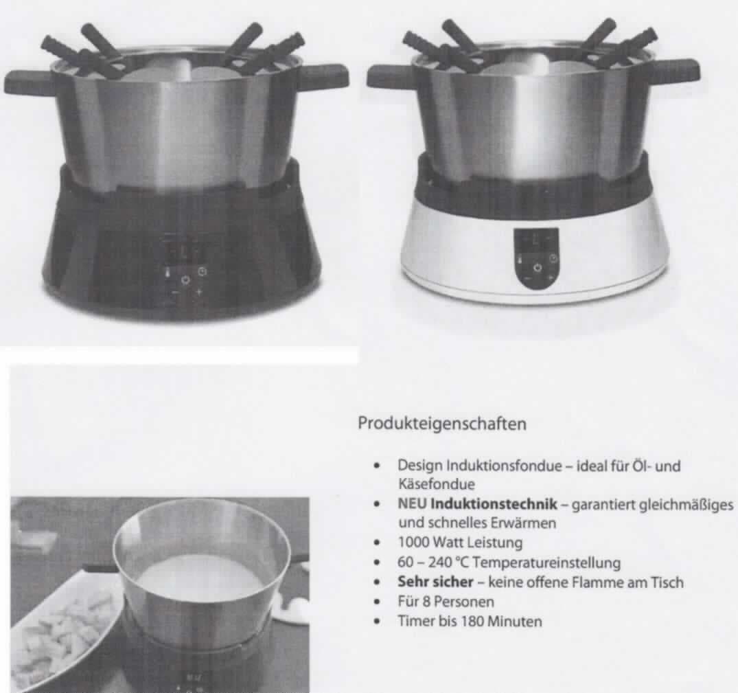 Elektrisches Fondue-Set, Art. 2282 und Art. 2280,
- aus einer Einzelkochplatte auf Induktionsbasis in einem Edelstahlgehäuse, mit regelbarem 
  Thermostat und 180-Minuten-Timer,
- für eine Spannung von 230 Volt bei einer Leistung von 1000 Watt,
- in gemeinsamer Verpackung mit einem Edelstahl-Fonduetopf und acht Fonduegabeln,
- zur Zubereitung von warmen Speisen am Tisch.
(Abbildung siehe Anlage)

Die Einzelkochplatte bestimmt den Charakter des Ganzen.

"Elektrowärmegerät für den Haushalt, Einzelkochplatte (Warenzusammenstellung aus 
 Kochplatte -charakterbestimmend-, Fonduetopf und Fonduegabeln); Fondue-Set"