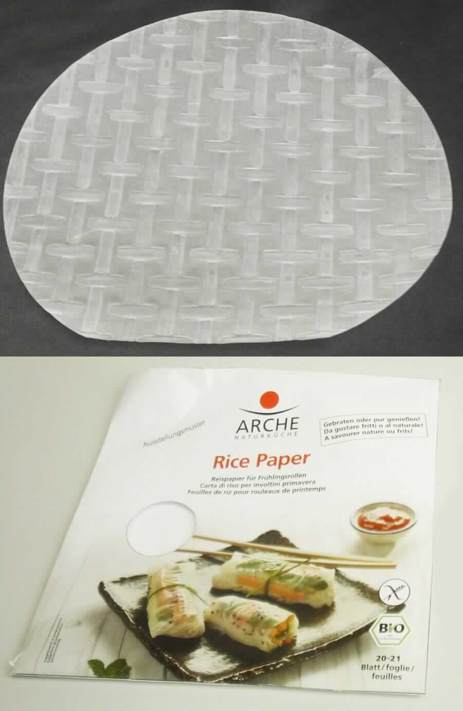 Reispapier

Antragsangaben: 
Reispapier für Frühlingsrollen
Zutaten: Reis*, Meersalz
*aus ökologischem Anbau
Packung mit 20 - 21 Blättern, geeignet für die Zubereitung von Frühlingsrollen

Beschreibung des vorgelegten Warenmusters: 
Überwiegend weiße, verschlossene Original-Papierhülle mit kleinem runden Sichtfenster und Abbildung eines 
Serviervorschlages mit gefüllten Frühlingsrollen; der Aufdruck enthält Angaben zum Erzeugnis (Reispapier für 
Frühlingsrollen; 20 - 21 Blatt; 150 g), zu den Zutaten (Reis aus ökologischem Anbau, Meersalz) und zur 
Zubereitung (Die einzelnen Reispapier-Blätter 30 Sekunden in Wasser legen, Füllung auf ein Reispapierblatt 
geben und einrollen. Die Rollen ungebraten servieren oder in der Pfanne mit etwas Fett braten, frittieren oder im 
Backofen knusprig garen); darin verpackt in einer Klarsichtfolie hellbeigefarbene, transparente, runde, spröde, 
getrocknete Teigblätter mit Gitternetzprägung; Durchmesser ca. 18 cm; Geschmack leicht salzig.

Getrocknete Teigblätter aus Mehl oder Stärke, Reispapier