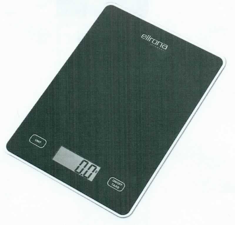 Küchenwaage Ellrona, Art. Nr.: 63210
- aus einem flachen Gehäuse (Abmessungen BxHxT: 145x17x200 mm), Display, Sensor Touch Bedienfeld 
  und Batteriefach (Abbildung siehe Anlage),
- zum Wiegen von Lebensmitteln bis zu 5 kg mit einer Messgenauigkeit von 1 g, zur Verwendung im Haushalt.

"Waagen mit einer Empfindlichkeit von 50 mg und mehr, Haushaltswaagen -sog. Küchenwaage"