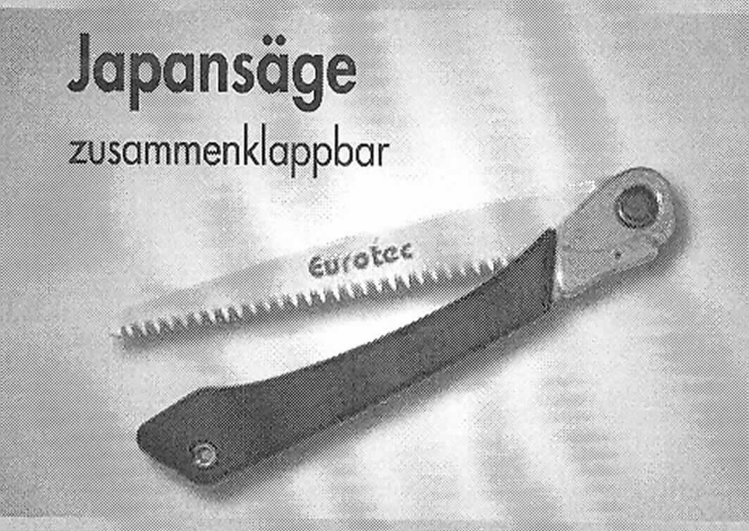 Sog. Japansäge

- mit freiem Arm zu handhabendes Erzeugnis

- bestehend aus einem einklappbaren Sägeblatt aus Stahl, ca. 24 cm lang und und einem
  Gummigriff, insgesamt mit einer Länge von ca. 53 cm

- zum Sägen von Holz oder Ästen geeignet

Abbildung siehe Anlage.

Derartige Erzeugnisse gehören als "Handsägen mit arbeitendem Teil aus unedlem Metall"
zum TARIC-Code 8202 1000 00.
