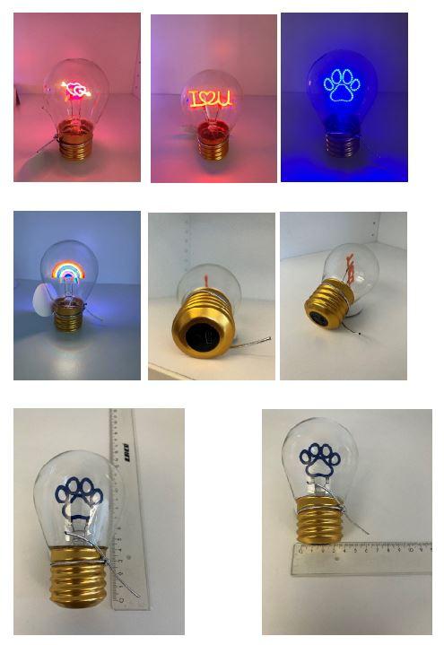 Bei der sog. Stimmungsleuchte in Form einer Glühbirne (in vier Designs bzw. vier Motiven aus Glasfilamenten) handelt es sich um einen elektrischen Beleuchtungskörper in Form einer ca. 11,5 cm großen stilisierten Glühbirne aus einem farblosen birnenförmigen Glaskolben mit im Innenraum integrierter LED-Lichtquelle in Form eines im Dauerlicht weiß bzw. in Farben leuchtenden Motivs aus Glasfilamenten (Tierpfote, Regenbogen, I „Herz“ U und zwei Herzen mit Pfeil darstellend) und einem Metallsockel mit Schraubgewinde (Nachbildung einer Edisson-Lampenfassung).
Das Erzeugnis ist mit im Sockel integrierten Akkus, einem USB-Anschluss und einem Ein-/Ausschalter ausgestattet.
Ein USB-Ladekabel ist beigefügt.
 
Im Gesamterscheinungsbild stellt das Erzeugnis eine Nachbildung einer Glühlampe dar.
Es dient der Beleuchtung in der Art eines Stimmungslichtes und ist universell platzierbar.
 
Die Ware ist in einem bedruckten Karton verpackt.
Hinweise auf Handfertigung liegen nicht vor.

 Das Erzeugnis ist als "elektrischer Beleuchtungskörper, anderweit weder genannt noch inbegriffen, nicht von den Unterpositionen (HS) 9405 11 bis 9405 41 erfasst, ausschließlich zur Verwendung mit LED-Lichtquellen bestimmt, kein Scheinwerfer, aus Glas und Metall, nicht handgearbeitet" einzureihen.