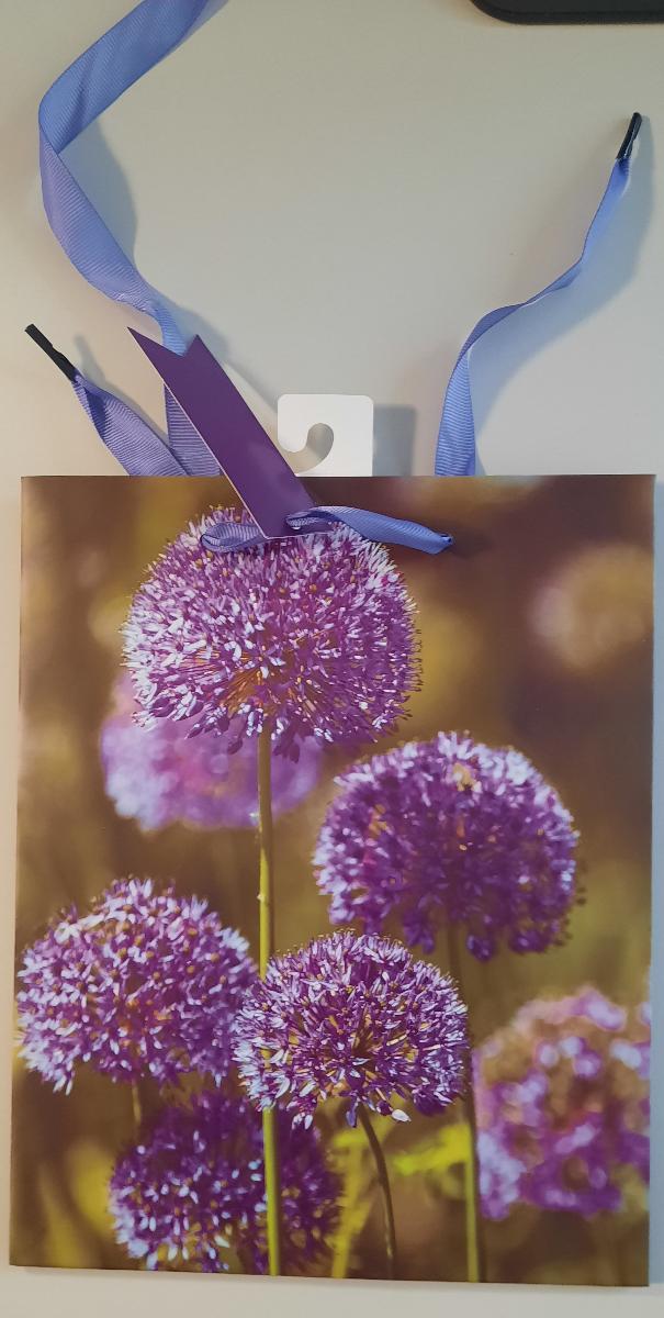 Es handelt sich um einen geklebten Blockbodenbeutel mit Seitenfalten aus mit dünner Kunststofffolie überzogenem Papier. Die Außenseiten sind mit der fotografischen Abbildung von Blumen bedruckt. Der rechteckige Boden mit einer Breite von etwa 20 cm ist innen mit einem Pappzuschnitt verstärkt. Der obere Rand des Beutels ist nach innen eingeschlagen, an beiden Längsseiten mit Pappzuschnitten verstärkt und je Seite zweimal gelocht. Durch jedes Lochpaar ist ein als Trageschlaufe dienendes Spinnstoffband gezogen. An einem der Bänder ist ein als Geschenkanhänger zum Beschriften dienender, gelochter Zuschnitt aus einseitig oberflächengefärbtem Kartonpapier eingefädelt. Der Beutel ist auf der Innenseite am oberen Rand mittig mit einem perforierten Haken aus Pappe beklebt. 

Abbildung siehe Anlage. 

Derartige Waren gehören als "andere Säcke, Beutel oder Tüten aus Papier und Pappe, ausgenommen Schallplattenhüllen" zum TARIC-Code 4819 40 00 00, da es sich zolltarifrechtlich um eine aus verschiedenen Stoffen und Bestandteilen zusammengesetzte Waren handelt, deren wesentlicher Charakter nach dem Umfang sowie nach der Bedeutung für die Verwendung durch den Blockbodenbeutel aus überwiegend Papier bestimmt wird.