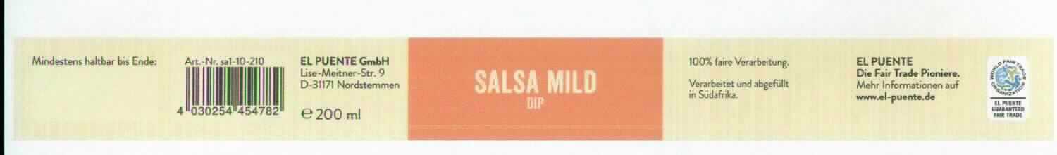 Zubereitete Würzsoße, Salsa Dip.

Original-Konservenglas mit Schraubdeckel. Der Aufdruck des Etiketts enthält Angaben über den Vertreiber, die Produktbezeichnung und die Füllmenge (200 ml). Zusatzinformationen des Vertreibers enthalten Angaben über die Zutaten und die Verwendung (als Dip zu verschiedenen Speisen).
Inhalt: Rotbraune, mit Tomaten-, Zwiebel- und Selleriestückchen durchsetzte, sämige Flüssigkeit; Geschmack würzig, nach Tomate, Zwiebel und Sellerie, süß-säuerlich.

Zubereitete Würzsoße, Tomatensoße.