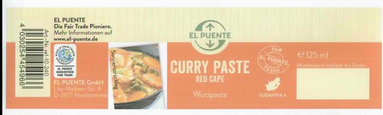 Würzpaste für Currygerichte.

Original-Konservenglas mit Schraubdeckel. Der Aufdruck des Etiketts enthält Angaben über den Vertreiber, die Produktbezeichnung und die Füllmenge (125 ml). Zusatzinformationen des Vertreibers enthalten Angaben über die Zutaten und die Verwendung (verleiht jedem Curry eine sanfte Schärfe und einen angenehmen Geschmack).
Inhalt: Rotbraune, mit kleinen Gemüsestückchen und Gewürzpartikeln durchsetzte, ölige Paste; Geschmack würzig, säuerlich, arteigen nach Curry.

Zusammengesetztes Würzmittel, keines der Unterpositionen 2103 1000 bis 2103 9030 der KN, Tomaten enthaltend.