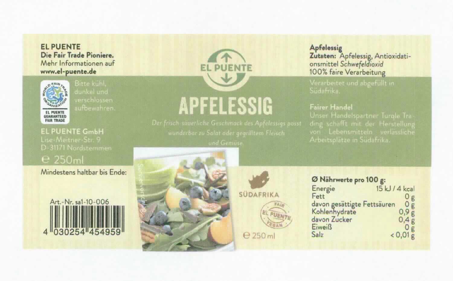 Apfelessig.

Antragsangaben: Apfelessig. Zutaten: Apfelessig, Antioxidationsmittel: Schwefeldioxid. Verarbeitet und abgefüllt in Südafrika. Aufmachung: in Behältnissen mit einem Inhalt von weniger als 2 l.
Ein Warenmuster wurde nicht vorgelegt.


Anderer Speiseessig, in Behältnissen mit einem Inhalt von 2 l oder weniger.