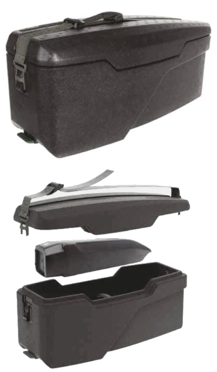 Etuiähnliches Behältnis, sog. E-Xplorer Trunkbox, Foto siehe Anlage,
- mit einer Außenseite aus formgepresstem Kunststoff (laut Antrag aus expandiertem Polypropylen),
- - am Bodenteil mit einer Platte aus Kunststoff zur Befestigung auf dem Gepäckträger eines Fahrrades,
- mit einem abnehmbaren, längenverstellbaren Gurt,
- mit einem abnehmbaren Deckelteil:
- nicht gefüttert; innen mit zwei Klettverschlussbändern ausgestattet,
- in den Abmessungen: ca. 48,5 cm (Breite) x 23 cm (Höhe) x 21 cm (Tiefe),
- speziell zur Aufnahme eines Ersatzakkus für E-Bikes und zusätzlicher Ausrüstung geformt.

"Den Etuis ähnliches Behältnis, anderes als in den Unterpositionen 4202 1110 bis 4202 3900 genannte, 
 mit Außenseite aus anderen Stoffen als in den Unterpositionen 4202 9110 bis 4202 9298 genannte"