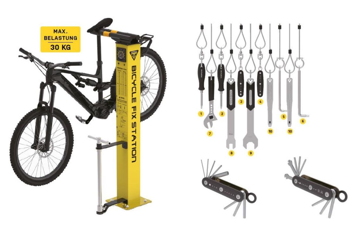 Sog. Bicycle Fix Station
- bestehend aus einer auf einer Montageplatte befindlichen Säule aus gehärtetem Stahl mit einem auf
  der Oberseite des Gehäuses befestigten Fahrradhalter mit an Stahlseilen gesichertem 10-teiligen
  Werkzeugset sowie einer an der Säule angebrachten Hochleistungs-Standpumpe aus Edelstahl mit
  einer im Zylinder geführten Kolbenstange mit Kolben und Handgriff sowie einem in der Säule integrier-
  ten 11-bar-Druckmanometer mit Luftförderschlauch, Abmessungen: 150 x 59,3 x 54,5 cm, Gewicht 36
  kg, für eine maximale Belastung von 30 kg - Abbildung siehe Anlage -,
- zum Aufpumpen von Fahrradreifen, zur Durchführung mechanischer Reparaturen und Einstellungen
  sowie zur gleichzeitigen Messung des Druckes,
- Kombination aus Luftpumpe - kennzeichnende Haupttätigkeit - und Druckmanometer, zusammenge-
  setzt mit einer Säule der Fahrrad-Reparatur-Station am Boden.
Der charakterbestimmende Bestandteil der zusammengesetzten Ware ist nicht feststellbar. 
 
"Handbetriebene Luftpumpe, keine Ware der TARIC-Codes 8414 1015 00 bis 8414 1089 90, keine Hand-
 pumpe für Fahrräder, nicht von TARIC-Code 8414 2080 10 erfasst, mit auswechselbarem Werkzeugset
 (Kombination aus Standluftpumpe - kennzeichnende Haupttätigkeit - und Druckmanometer, zusammen-
 gesetzt mit der Säule der Fahrrad-Reparatur-Station, gleichrangig) - sog. Bicycle Fix Station"