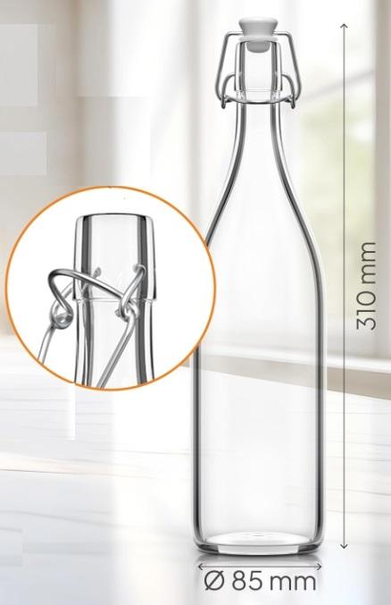 Flasche aus Glas, Foto siehe Anlage,
- aus nicht gefärbtem Glas,
- ohne Hinweise auf Herstellung aus Glasröhren,
- mit einem Bügelverschluss aus unedlem Metall und einem Stopfen mit einem Dichtungsring
  aus Kunststoff,
- mit einem Nenninhalt von 1 Liter oder mehr,
- mit den Abmessungen: ca. 31 cm (Höhe) x 8 cm (Durchmesser),
- zur Aufnahme von Nahrungsmitteln oder Getränken vorgesehen.

"Flasche aus Glas, von der zu Transport- oder Verpackungszwecken verwendeten Art, nicht aus
 Glasröhren hergestellt, mit einem Nenninhalt von weniger als 2,5 l, für Nahrungsmittel und Getränke,
 aus nicht gefärbtem Glas, mit einem Nenninhalt von 1 l oder mehr"