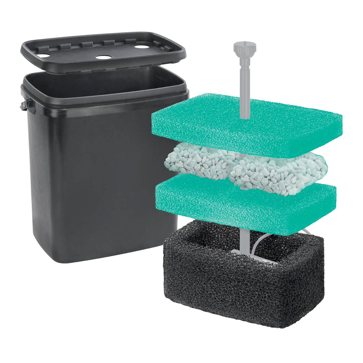 Teichfilterbox (Abbildung siehe Anlage)
- aus einem annähernd quaderförmigen Gehäuse aus Kunststoff (Abmessung L x B x H
  ca. 29 x 21 x 26,5 cm), mit Wassereinlassöffnungen, Filtermedien (drei Lagen Schwämme,
  Netze zur Aufnahme von Steinen oder anderem zusätzlichem Filtermaterial), Steigrohr
  und Stromanschlusskabel,
- nach Anschluss an eine Pumpe zum Filtern und Reinigen des Teichwassers bestimmt.

"Apparat zum Filtrieren oder Reinigen von Flüssigkeiten (Wasser), keine Ware der TARIC-
 Codes 8421 2100 10 oder 8421 2100 20"