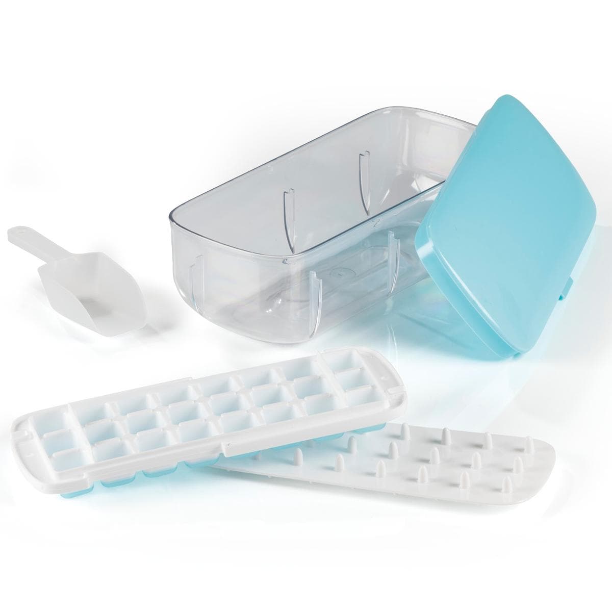 Nach den Angaben der Antragstellerin sowie den vorgelegten Abbildungen handelt es sich um einen sog. „2 in 1: Eiswürfelbereiter samt Aufbewahrungsbox“. Das Erzeugnis besteht aus einem transparenten, etwa 28 x 13 x 9,5 cm großen Behälter samt fest schließendem, türkisem Deckel, in welchen passgenau ein türkis-weißer Eiswürfelbereiter mit unregelmäßig geformten Kammern eingesetzt ist. Die Eiswürfelform soll mit Wasser befüllt und in einen Tiefkühlschrank gestellt werden. Die so hergestellten Eiswürfel sollen anschließend mit Hilfe des beigefügten, weißen Ausstechgitters aus der Form herausgeholt, in dem Behälter gelagert und mittels der ebenfalls vorhandenen weißlich-transparenten Schaufel entnommen werden. Die vorliegende Ware besteht aus Polypropylen, Acrylnitril-Butadien-Styrol-Copolymer, Thermoplastischen Elastomeren und Silikon (Kunststoffe im Sinne der Anmerkung 1 zu Kapitel 39).

Derartige Erzeugnisse werden zolltarifrechtlich als "Haushaltsartikel aus Kunststoffen, Artikel für den Tischgebrauch" eingereiht.
