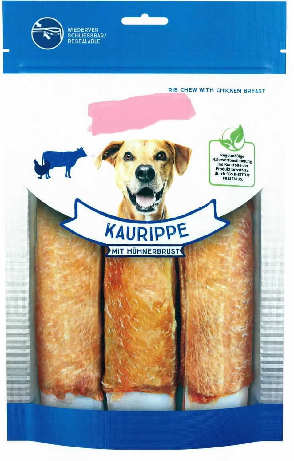 Ergänzungsfuttermittel für Hunde.

Antragsangaben: Ribs Huhn. Produkt der zur Fütterung verwendeten Art für Hunde, in Aufmachung für den Einzelverkauf, verpackt im Polybeutel (bedruckt). 

Zur Zusammensetzung wurden vertrauliche Angaben gemacht. Ein Warenmuster wurde nicht vorgelegt. Die Ware wurde durch einen Fotoabdruck veranschaulicht.

Glucose, Glucosirup, Maltodextrin, Maltodextrinsirup, Stärke oder Milcherzeugnisse in der Ware (laut Angabe): nicht enthalten.

Zubereitung von der zur Fütterung verwendeten Art, Hunde- und Katzenfutter, in Aufmachung für den Einzelverkauf, Glucose, Glucosesirup, Maltodextrin, Maltodextrinsirup, Stärke oder Milcherzeugnisse nicht enthalten.