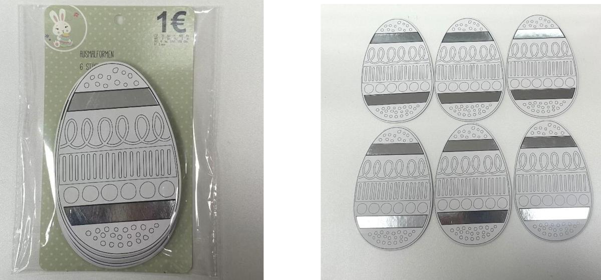 Es handelt sich um eiförmige Zuschnitte aus mit weißem Papier beklebter Pappe (Abmessungen: etwa 9,5 x 15 cm), die schauseitig mit einer zum Ausmalen bestimmten schwarz-weißen Strichzeichung bedruckt und zusätzlich mit zwei Streifen silberner Folie verziert sind. Sechs solcher Zuschnitte sind mit einer rechteckigen mit Produktinformationen bedruckten Unterlage aus Pappe in einem Beutel aus klarsichtiger Kunststofffolie verpackt.

Abbildung siehe Anlage.

Derartige Waren gehören als "andere Bilddrucke, andere als in den vorgenannten TARIC-Codes" zum TARIC-Code 4911 91 00 90.