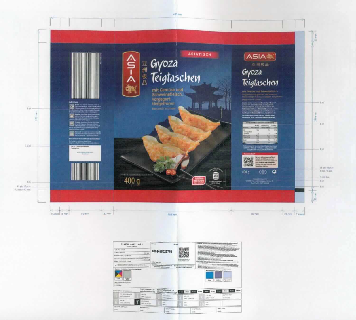 Teigtaschen Gyoza gefüllt mit Schweinefleisch und Gemüse, tiefgekühlt 

Beschreibung des vorgelegten Warenmusters (in Originalumschließung):
Überwiegend dunkelblau bedruckter Original-Kunststoffbeutel, mit Abbildung von goldbraun gebratenen, gefüllten Teigtäschchen; der Aufdruck enthält Angaben zum Erzeugnis (Gyoza Teigtaschen, mit Gemüse und Schweinefleisch, vorgegart, tiefgefroren), zur Füllmenge (400 g), zu den Zutaten (siehe Feld 8), zur Zubereitung (Braten mit Öl in der Bratpfanne für ca. zwei Minuten und anschließend nach Zugabe von Wasser noch etwa drei Minuten garen; Dämpfen für sechs bis zehn Minuten mit Wasserdampf; Frittieren bei 160 °C in Öl für etwa drei Minuten; In der Mikrowelle bei 700 Watt für fünf bis sechs Minuten in einem Gefäß, vollständig mit Wasser bedeckt, erhitzen) und zur Herkunft (Litauen). Inhalt: Mit verschiedenfarbigen Gemüse- und kleinen Fleischstückchen gefüllte, tiefgekühlte, halbmondförmige, vorgedämpfte, beigefarbene Teigtaschen.

Anteil an Schweinefleisch: nach den Antragsangaben mehr als 20 GHT

Abhängig von der Zubereitung (Frittieren, Dämpfen oder Anbraten) kommen die Positionen 1602 KN (zubereitetes Schweinefleisch) und 1902 KN (Teigwaren) gleichermaßen in Betracht. Die Einreihung erfolgt gemäß AV 3 c) in die letztgenannte Position.

Teigwaren, gefüllt, mehr als 20 GHT Schweinefleisch enthaltend, keinen Reis enthaltend.
