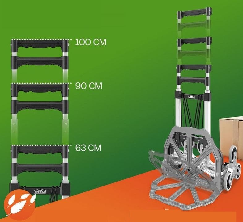 Transportkarre, sog. Treppenkarre Silber/Schwarz 80 kg höhenverstellbar, Foto siehe Anlage,
- in der Bauart eines sackkarrenähnlichen Fahrzeugs, im Wesentlichen bestehend aus laut
  Antrag:
- - einer höhenverstellbaren Aluminium-Stahlrohr-Konstruktion mit Kunststoffelementen,
- - einer klappbaren Ladeschaufel aus Aluminium (Maße: ca. 39 cm x 28 cm),
- - elastischen Spannbändern zur Sicherung des Transportgutes,
- - am oberen Ende mit einem Griffbügel,
- - seitlich mit jeweils mit einem dreiarmigen Radstern; der Klappmechanismus des Radsterns
     ermöglicht den Gütertransport über Treppenstufen,
- - mit einer Höhe von ca. 63 - 100 cm, einer Breite von ca. 48 cm und einer Tiefe von ca. 39 cm,
- - mit einem Eigengewicht von ca. 3﻿,﻿4 kg,
- - mit einer Tragkraft von maximal 80 kg,
- wird von Personen mit der Hand geschoben und dient der Güterbeförderung.

"Anderes nicht selbstfahrendes Fahrzeug (Transportkarre)"
