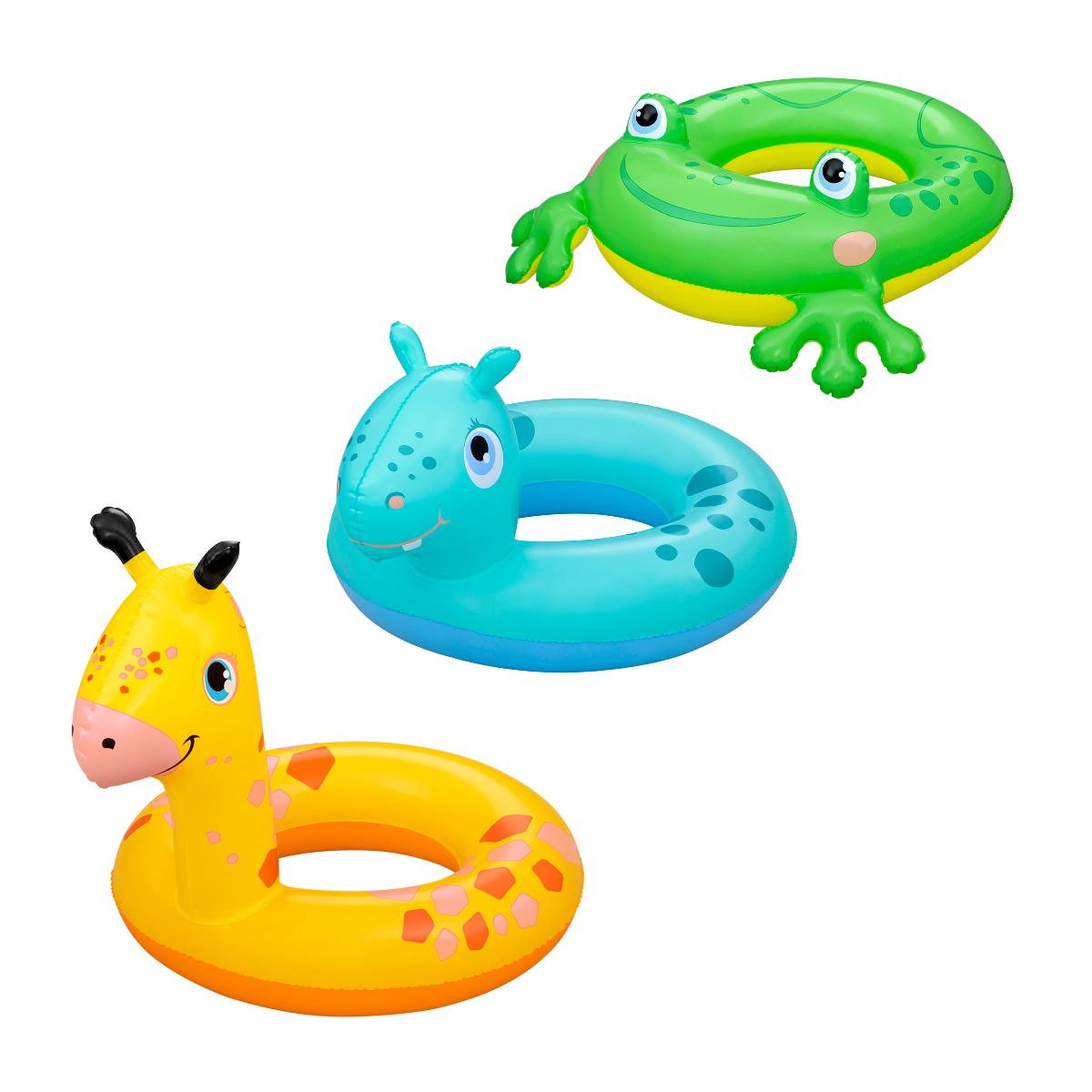 Es handelt sich um einen durch Antragsangaben und eine Abbildung veranschaulichten Schwimmring in Form eines aufblasbaren, dreidimensional gestalteten Badetieres in verschiedenen Varianten (Giraffe, Frosch, Dinosaurier) mit einem ringförmigen Körper. 
Das mit einem Ventil ausgestattete Badetier besteht aus miteinander verschweißten, farbigen Kunststofffolien.
Die Ware dient zur spielerischen Unterhaltung insbesondere von Kindern im flachen Wasser. Sie ist für den Einzelverkauf verpackt.

Derartige Erzeugnisse sind zolltarifrechtlich als "Spielzeug, Tiere darstellend, nicht gefüllt, nicht aus Holz handgearbeitet" einzureihen.