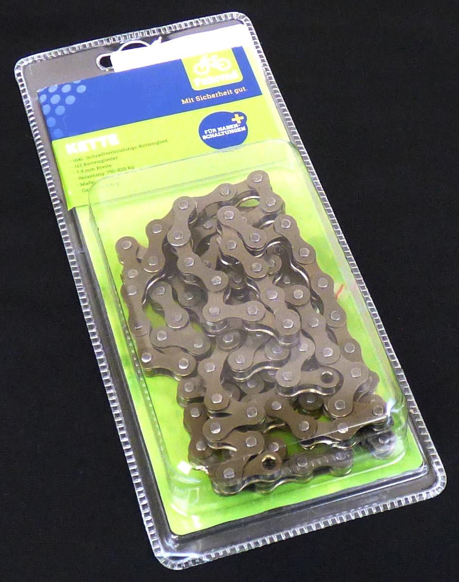 Es handelt sich um aus Stahl gefertigte Gelenkketten (Rollenketten) mit 112 Kettengliedern, bestehend aus Laschen, die durch Bolzen und Hülsen miteinander verbunden sind. Jede Hülse trägt eine drehbare Rolle. Die Erzeugnisse werden als Fahrradketten verwendet und sind mit einem sog. Schnellverbindungs-Kettenglied in einer Blisterverpackung aus Kunststoff verpackt.
- Antragstellerangaben -

Abbildung siehe Anlage.

Derartige Erzeugnisse gehören als "Gelenkketten (Rollenketten) aus Stahl, von der für Fahrräder verwendeten Art" zum TARIC-Code 7315 11 10 00.