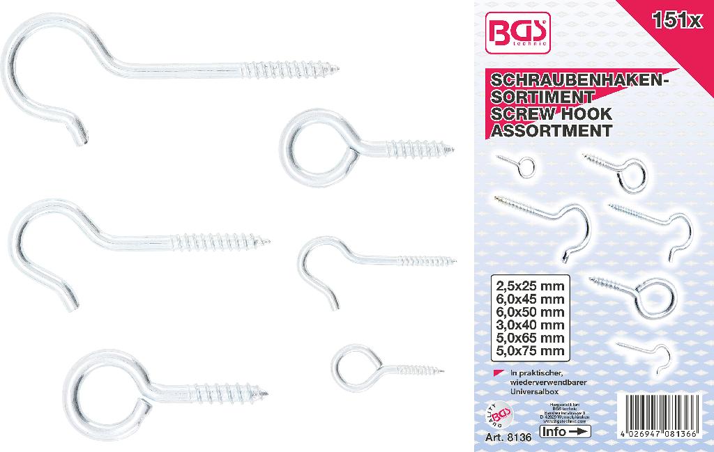 Sogenanntes Schraubenhakensortiment, 151 teilig:

Es handelt sich um längliche Erzeugnisse aus oberflächlich verzinktem Stahl, die an einem Ende ein Gewinde mit spitzem Gewindeende aufweisen und deren anderes Ende zu einem offenen Rundhaken bzw. einer geschlossenen Öse ausgearbeitet ist.
Die Waren sind zu insgesamt 151 Stück in verschiedenen Größen in einer Kunststoffbox mit Pappeinleger verpackt;
- 60 x 2,5 x 25 mm
- 12 x 6 x 45 mm
- 12 x 6 x 50 mm
- 5 x 5 x 75 mm
- 12 x 5 x 65 mm
- 50 x 3 x 40 mm.

- Antragstellerangaben -
Abbildung siehe Anlage.

Derartige Erzeugnisse gehören als "andere Ring- und Ösenschrauben aus Stahl" zum TARIC-Code 7318 1300 90.