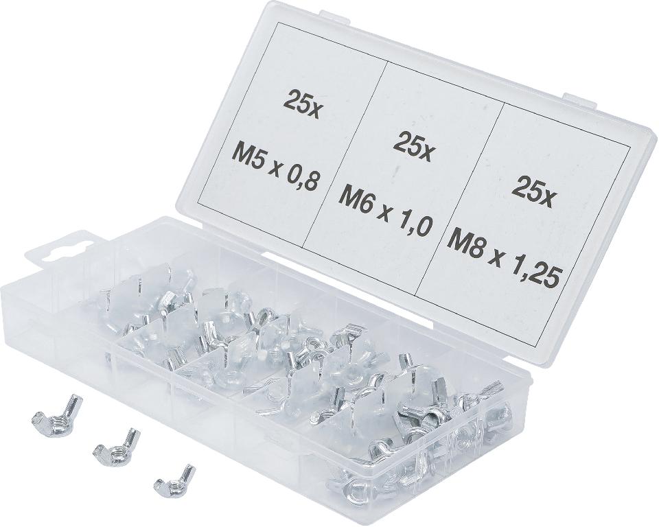 Es handelt sich um aus Stahl (kein nicht rostender Stahl) gefertigte, verzinkte Flügelmuttern mit metrischem Innengewinde.
Insgesamt 75 Muttern in verschiedenen Größen (25 x M5, 25 x M6, 25 x M8) sind in einer mehrfach unterteilten Kunststoffbox mit Klappdeckel und bedrucktem Pappetikett verpackt.
- Antragstellerangaben -

Abbildung siehe Anlage.

Derartige Erzeugnisse gehören als "andere Muttern aus Stahl (kein nicht rostender Stahl), mit Gewinde, mit einer Lochweite von 12 mm oder weniger" zum TARIC-Code 7318 1692 90.