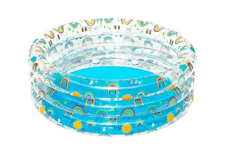 Bei dem durch Abbildungen und Beschreibungen veranschaulichten sowie als "Planschbecken Rainbow" bezeichneten Erzeugnis handelt es sich um ein Planschbecken,
- aus zusammengeschweißten Kunststofffolien (PVC) gefertigt, die in drei
  separaten, aufblasbaren Ringen fest übereinander angeordnet sind,
- mit einem Durchmesser von ca. 170 cm und einer Höhe von ca. 53 cm,
- mit verschiedenen Motiven (z.B. Sonne, Regenbogen) bedruckt,
- in einer Aufmachung für den Einzelverkauf.

Derartige Erzeugnisse werden zolltarifrechtlich als "Schwimm- und Planschbecken" eingereiht.