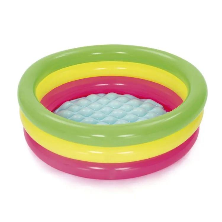 Bei dem durch Abbildungen und Beschreibungen veranschaulichten sowie als "Planschbecken Swim Squad, Art. 2950568" bezeichneten Erzeugnis handelt es sich um ein Planschbecken,
- aus zusammengeschweißten Kunststofffolien (PVC) gefertigt, die in drei
  separaten, aufblasbaren Ringen fest übereinander angeordnet sind,
- mit einem aufblasbaren, gepolsterten Boden,
- mit einem Durchmesser von ca. 70 cm und einer Höhe von ca. 24 cm,
- in unterschiedlichen Farben gestaltet,
- mit einem einfachen Reparaturflicken in einer Aufmachung für den Einzelverkauf.

Derartige Erzeugnisse werden zolltarifrechtlich als "Schwimm- und Planschbecken" eingereiht.