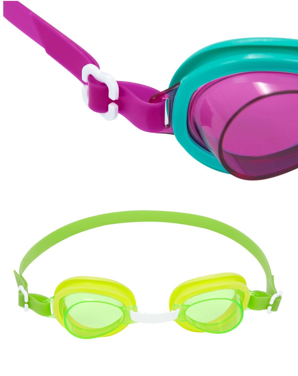 Sog. Schwimmbrille für Kinder, in verschiedenen Farben erhältlich, im Wesentlichen bestehend aus einer Fassung aus Kunststoff mit zwei farbigen Kunststoffgläsern, die durch einen Nasensteg miteinander verbunden sind sowie einem längenverstellbaren Band zur Befestigung am Kopf.
Äußere Form: Siehe Abbildung in der Anlage.
Die Brille dient beim Schwimmen dem Schutz der Augen vor eindringendem Wasser. 

Die Ware wird als "Schutzbrille mit Brillengläsern aus Kunststoff, keine Sonnenbrille" einzureihen.