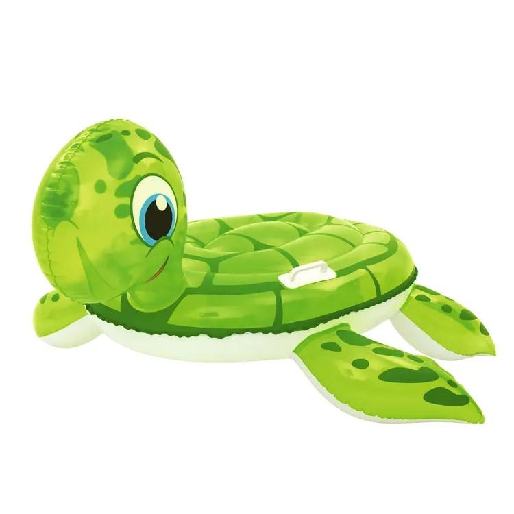 Bei dem durch Abbildungen und Beschreibungen veranschaulichten und als "Schwimmtier Schildkröte" bezeichneten Erzeugnis handelt es sich um ein Spielzeugtier,
- eine Schildkröte darstellend,
- aus miteinander verschweißten, bedruckten Kunststofffolien (PVC) gefertigt,
- in den Abmessungen von ca. 140 x 140 cm,
- aufblasbar; somit ohne Füllmaterial,
- mit ausgeformtem Kopf und vier Beinen,
- samt zwei Haltegriffen an der Oberseite,
- dient der spielerischen Unterhaltung von Personen im flachen Wasser,
- in Aufmachung für den Einzelverkauf.

Derartige Erzeugnisse werden zolltarifrechtlich als "Spielzeug, ein Tier darstellend, kein Füllmaterial enthaltend, nicht aus Holz handgearbeitet" eingereiht.