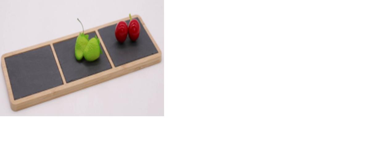 Schieferplatten Servierplatte bamboo w/3 slate plate (Abbildungen siehe Anlage)
- rechteckiges, an den Ecken abgerundetes, ca. 33 x 12 x 1 cm großes Schneidebrett 
  aus aufeinander geleimten Bambuslamellen mit drei, durch Stege getrennten Vertiefungen,
  in welche passgenau drei quadratische, 10 x 10 cm große, lediglich zugeschnittene und 
  nicht weiter bearbeitete Platten aus Schiefer (Position 2514) lose eingelegt sind,
  mit Griffmulden auf der Unterseite beider Schmalseiten,
- in einer dafür üblichen Verkaufsverpackung aufgemacht,
- zur Verwendung bei Tisch oder in der Küche zum Zubereiten und Servieren von Speisen.
Ein charakterbestimmender Stoff kann nicht ermittelt werden, die Ware ist daher der zuletzt genannten, in Betracht kommenden Position 4419 zuzuweisen.

"Holzware zur Verwendung bei Tisch oder in der Küche, aus Bambus, Brotbretter, Schneidebretter und ähnliche Bretter (zusammengesetzte Ware aus Holz und Schiefer), sog. Schieferplatten Servierplatte bamboo w/3 slate plate"