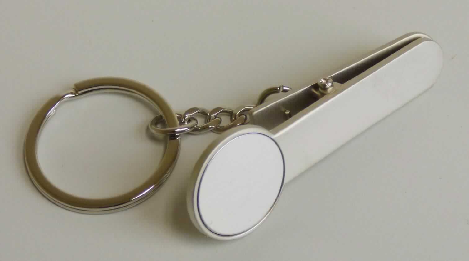 Es handelt sich um Schlüsselanhänger, bestehend aus 
- einem Schlüsselring und einer kurzen Gliederkette, je aus Stahldraht, die durch zwei Ösen
  aus Stahldraht miteinander verbunden sind, und
- einem Anhänger aus einer Zinklegierung mit gewichtsmäßig vorherrschendem Zinkgehalt
  in Form einer mit einer Feder aus Stahl ausgestatteten Klammer zur Befestigung z. B. an 
  einer Hosentasche, die an einem Ende zu einem Einkaufswagenchip ausgeformt ist.
Die Erzeugnisse sind in einer bedruckten Pappschachtel mit Tiefzieheinsatz verpackt. 
(Materialangaben laut Antragsteller)

Zink herrscht gegenüber Stahl gewichtsmäßig vor. 

Abbildung siehe Anlage.

Derartige Erzeugnisse gehören als "andere Waren aus Zink" zur Codenummer 7907 0000 00 0 des Zolltarifs.