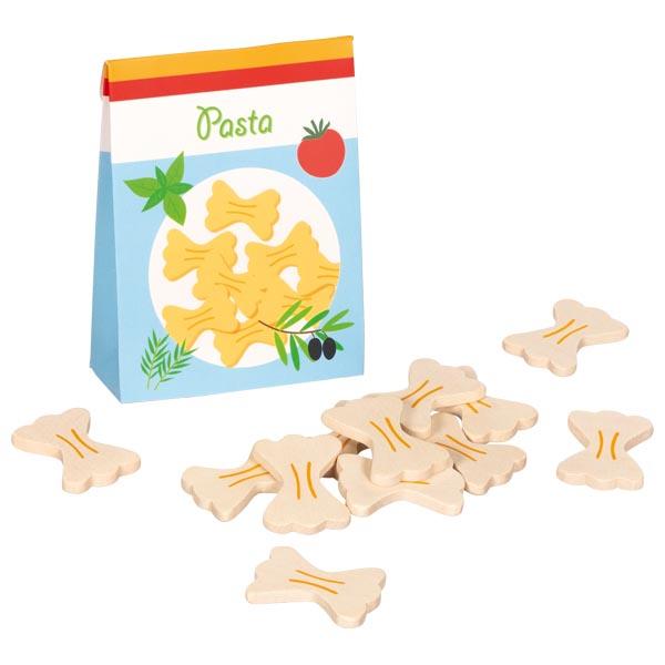 Spielzeug aus Holz in Form einer Warenzusammenstellung in Form einer Nachbildung einer Nudelpackung mit Inhalt, bestehend aus
- zwölf Nachbildungen von Farfalle-Nudeln aus Holz
-- in den Abmessungen von ca. 4﻿,﻿5 x 3 x 0﻿,﻿5 cm
-- mit zwei aufgedruckten, gewellten Linien in der Mitte
-- ohne Hinweis auf Fertigung in Handarbeit
- einer bunt bedruckten Pappschachtel, in der die Nudeln verpackt sind
-- in den Abmessungen von ca. 9 x 12 x 4 cm
-- mit Nudeln, Tomaten und Kräutern bedruckt
- ohne Hinweis auf Fertigung in Handarbeit
- dient der spielerischen Unterhaltung von Kindern 
- gemeinsam mit einer Pappbanderole in einem Klarsichtbeutel mit
  Produktetikett für den Einzelverkauf aufgemacht.

Die Nudeln aus Holz bestimmen auf Grund des Umfangs und der Bedeutung in Bezug auf die Verwendung den Charakter der Warenzusammenstellung.

Die Ware wird zolltarifrechtlich als "anderes als von den Unterpositionen (KN) 9503 0010 bis 9503 0095 erfasstes Spielzeug, nicht aus Holz handgearbeitet" eingereiht.